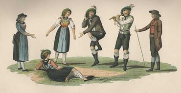 Frühes Interesse für "Volkstrachten": Diese Zeichnungen von Johann Georg von Dillis (1759-1841) zeigen Bewohner der Gerichte Auerburg (b. Oberaudorf) und Aibling um 1800. Sie wurden auch im Band I der "Statistische(n) Aufschlüsse über das Herzogthum Baiern" (1801) veröffentlicht. (Abb. aus: Franz Zell, Bauern-Trachten aus dem bayerischen Hochland, München 1903, Tafel 6)