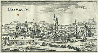 Stadtansicht von Bayreuth von 1689. Abb aus: Georg Christoph Eimmart, Vollständige Charta Von Frankenland, Nürnberg 1689. (Sächsische Universitäts- und Landesbibliothek, Geogr.Germ.260.b,misc.2 lizensiert durch CC-BY-SA 4.0)