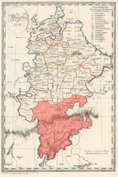 Karte des Königsreichs Bayern und seiner 15 Kreise von 1808. Die vormalige Grafschaft Tirol (hier rote markiert) wurde in drei Kreise geteilt . Abb. aus: Alois Senefelder u.a., Das Königreich Baiern. In fünfzehen Kreise eingetheilt, nebst einer Uebersichts-Karte, München 1809. (Bayerische Staatsbibliothek, Mapp. XI,50 o-16)