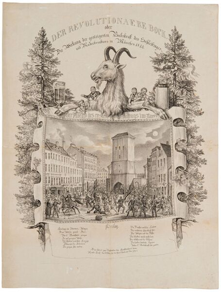 1844 führte eine Anhebung des Bierpreises zu Krawallen in der Münchner Innenstadt. Die satirische Grafik zeigte die Krawalle vor dem Münchner Isartor. Ludwig I. musste schließlich die Preiserhöhung zurücknehmen, um die viertägigen Unruhen zu beenden. Lithographie mit dem Titel: 'Der revolutionäre Bock' oder 'Die Wirkung der gesteigerten Bockskraft des Schleibinger- und Mauderbräubiers in München 1844' von Gustav Kraus (1804-1852), 1844. (Haus der Bayerischen Geschichte (Brückner, Maximilian))