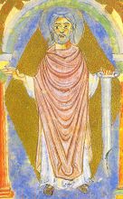 Darstellung des Hl. Sola (gest. 794) im Pontifikale Gundekarianum (entstanden um 1072, erweitert bis 1697). Sola wirkte als Missionar im Frankenreich. (Diözesanarchiv Eichstätt, Codex B 4, fol. 16r)