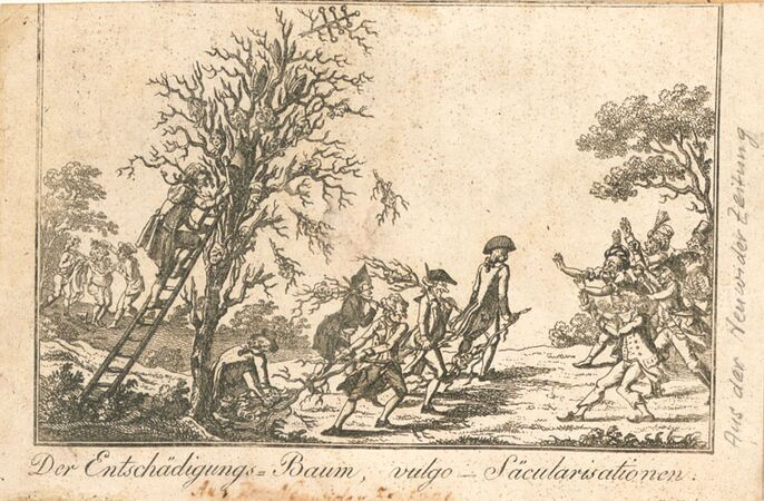 Karikatur "Der Entschädigungs-Baum" von Friedrich Ludwig Neubauer (1767-1828). Der unbelaubte, bereits abgestorbene Baum mit Köpfen von Geistlichen wird durch die Bürger bedroht, die bereits abgeschlagene Äste wegschleppen. Das hier gezeigte Exemplar der Karikatur wurde vom letzten Abt von Kloster Fürstenfeld, Gerhard Führer (1745-1820), in das Manuskript seiner Klosterchronik geklebt. Erstmalig wurde sie 1799 in der Zeitschrift "Reich der Todten" veröffentlicht. (Bayerische Staatsbibliothek, Cgm 3920)
