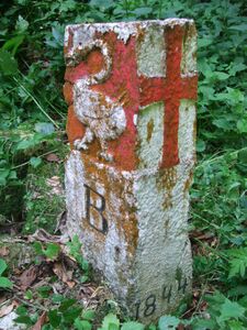 Markstein der Reichsherrschaft Hohenschwangau am Lobatboden unterhalb des Pilgerschrofens beim Säuling. (aus: Pfundner, Thomas: Historische Grenzsteine in Bayerisch-Schwaben. Inventar zu einem unendlichen Feld, Weißenhorn 2015, S. 160)