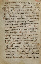 Abrogans K, Südwestdeutschland, Ende 8. Jahrhundert. Seite aus dem "älteste(n) erhaltene(n) Buch in deutscher Sprache" mit althochdeutschen Übersetzungen als Kontextglossen (St. Gallen, Stiftsbibliothek, Cod. Sang. 911; p. 4)