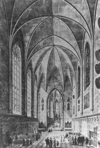 Innenansicht der St.-Lorenz-Kapelle im Alten Hof, aquarellierte Tuschezeichnung von Wilhelm Rehlen (gest. 1831), um 1815. (Münchner Stadtmuseum, Sammlung Graphik/Plakat/Gemälde, Inv.-Nr. G P 964)