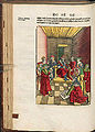 Judeneid vor Gericht, Holzschnitt von Meister H. F. Der Schnitt ist sehr viel kunstvoller gestaltet als in den Straßburger "Raubdrucken". (aus: Der neü Layenspiegel, 1512, Bayerische Staatsbibliothek, Rar. 2311)