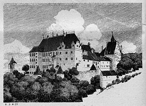 Ansicht der Burg Trausnitz. Zeichnung aus dem Jahre 1899. (Bayerische Staatsbibliothek, Bildarchiv port-007531)