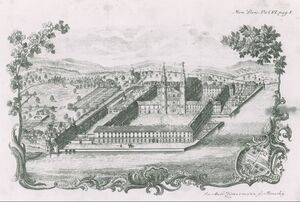 Das Kloster Tegernsee wurde im 8. Jahrhundert gegründet. 1803 wurde es aufgelöst und an den Beamten Karl Graf von Drechsel (1778-1838) verkauft. Er ließ Teile der Gebäude abreißen und verkaufte es 1817 an König Max I. Joseph (reg. 1799-1825, ab 1806 König), der es als Sommerresidenz nutzte. Kupferstich von Joseph Anton Zimmermann (1705-1797), 1766. (Bayerische Staatsbibliothek, Bildarchiv port-037940)