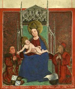 Darstellung von Herzog Ludwig dem Reichen von Bayern-Landshut (reg. 1450-1479), links auf dem Stifterblatt im Matrikelbuch der Ludwig-Maximilians-Universität von 1472. (Universitätsarchiv München, DV2)