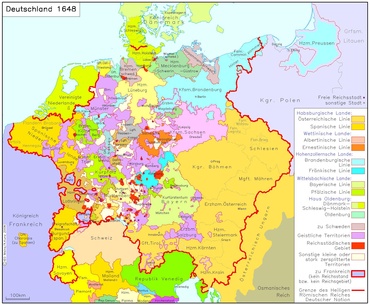 Politische Karte des Heiligen Römischen Reichs und seiner Territorien nach Abschluss des Westfälischen Friedens. (Erstellt durch Andreas Kunz, Joachim Robert Moeschl, lizenziert durch CC BY-NC 4.0 via IEG-MAPS)