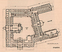 Der Erdgeschossplan des Heilig-Geist-Spitals. (aus: Bayerischer Architekten- und Ingenieurverein [Hg.], München und seine Bauten, München 1912, 649)