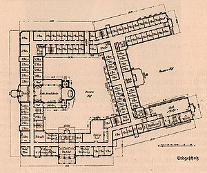 Der Erdgeschossplan des Heilig-Geist-Spitals. (aus: Bayerischer Architekten- und Ingenieurverein [Hg.], München und seine Bauten, München 1912, 649)