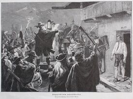 Zeichnung "Rügegericht beim Haberfeldtreiben" von Oskar Gräf (1861-1912), um 1895. (Stadtarchiv Miesbach, Bestand Grafik)