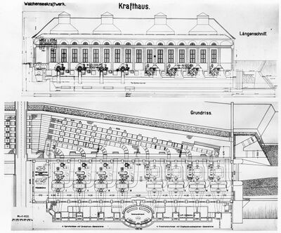Grundriss und Längsschnitt der Generatorenhalle. (Deutsches Museum, München, Archiv, BN 51080)