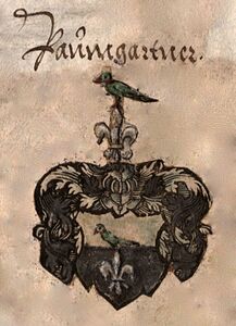Das Wappen der Baumgartner, die die Reichsherrschaft Hohenschwangau 1535 von Heinrich und Georg von Schwangau erwarben. (aus: Sammlung von Wappen aus verschiedenen, besonder deutschen Ländern, Deutschland um 1600, fol. 450r; Bayerische Staatsbibliothek Cod.icon. 307)