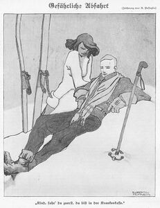 Karikatur "Gefährliche Abfahrt" von Roberto Passaglia im Simplicissimus, Heft 40, vom 1.1.1924, S. 496. (Bayerische Staatsbibliothek, Bildarchiv port-016012)
