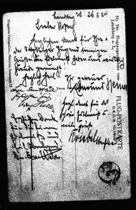Postkarte von Edmund Heines aus der Festungshaft in Landsberg an Gerhard Roßbach, den Gründer des gleichnamigen Freikorps, 26.8.1924. Mitunterzeichnet wurde sie von Adolf Hitler (NSDAP, 1889-1945), Hermann Kriebel (NSFP, 1878-1941) und Dr. Friedrich Weber (1892-1955). (Bayerische Staatsbibliothek, Bildarchiv, hoff-6636)