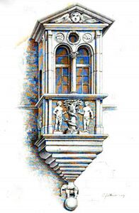 Chörlein am Tucherhaus in der Nürnberger Hirschelgasse. (aus: Johann Georg Wolff, Vollständige Sammlung aller Baudenkmale, Monumente und anderer Merkwürdigkeiten Nürnbergs in Stahlstichen nach Originalzeichnungen. 3. Band, Nürnberg 1852, Tafel 7; Augsburg, Staats- und Stadtbibliothek)