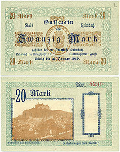 Gutschein über 20 Mark, ausgegeben von Stadt Kulmbach im Jahr 1918. (bavarikon) (HVB Stiftung Geldscheinsammlung - Inventarnummer: DE-BY-95326-V422c)