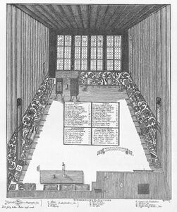 Ratsstube des Nürnberger Rathauses. Kupferstich um 1700. Auf den Bänken sind die Wappen der Ratsmitglieder zu erkennen. Abb. aus: Hugo Barbeck, Alt-Nürnberg. Kulturgeschichtliche Bilder aus Nürnbergs Vergangenheit, Bd. 1: Rathaus, Regiment und Rat, Nürnberg 1894, Blatt 10. (Bayerische Staatsbibliothek, 2 Bavar. 32 v-1/5)