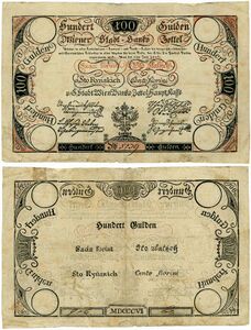 Wiener Bancozettel über 100 Gulden von 1806. Die Banco-Zettel waren das erste Papiergeld in Österreich. In Tirol wurden sie durch eine Währungsrefom 1806 abgeschafft. (Giesecke+Devrient Stiftung Inv.-Nr. AUT-A42a lizenziert durch CC BY-NC-ND 4.0 via bavarikon)