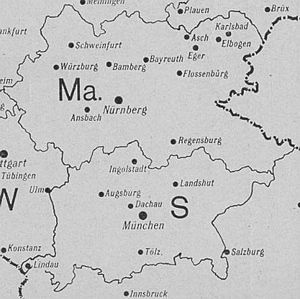 Die SS in Süddeutschland, 1938. Die Karte zeigt die regionale Gliederung der SS nach Oberabschnitten. An Orten sind neben den Standorten der SS-Standarten auch die Konzentrationslager Flossenbürg und Dachau sowie die SS-Junkerschule Tölz eingezeichnet. Der SS-Oberabschnitt Main greift auch in das Sudetenland aus. (aus: Dienstalterliste der Schutzstaffel der NSDAP. Stand vom 1. Dezember 1938, Berlin 1938, 528)