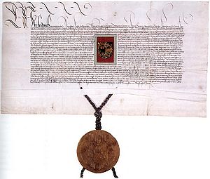 Wappenbrief der Reichsstadt Kempten von 1488 mit Miniatur des neuen Wappens. (Staatsarchiv Augsburg, Reichsstadt Kempten Urk. 707)