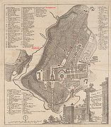 Grundriss des Hofgartens Eremitage bei Bayreuth. Der Plan zeigt die Ausgestaltung am Ende der Regierungszeit Markgraf Friedrichs (reg. 1735-1763). Die Nummerierungen sind zur besseren Lesbarkeit vergrößert eingefügt. Abb aus: Johann Gottlieb Riedel, Grundriss von der hochfürstlichen brandenburgischen Eremitage ohnweit Bayreuth, Bayreuth [c. 1765]. (Bayerische Staatsbibliothek, Mapp. XI,413 a)