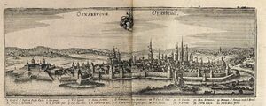Ansicht von Osnabrück aus Topographia Westphaliae, ca. 1680. Stich von Matthäus Merian d. J. (1621-1687). (Bayerische Staatsbibliothek Hbks/E 30-10/11)