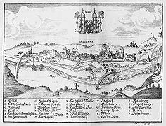 Stadtansicht von Hof. Lithographie nach einem Stich von Christian Romstet (1640-1721), vor 1721. Abb. aus: Christian Meyer (Hg.), Quellen zur Geschichte der Stadt Hof, Hof 1894. (Bayerische Staatsbibliothek, Bildarchiv port-031027)
