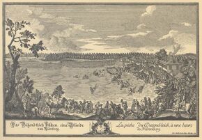 Das Abfischen des Nürnberger Dutzendteichs. Kupferstich von Johann Adam Delsenbach (1687-1765). (Bayerische Staatsbibliothek, Porträt- und Ansichtensammlung)