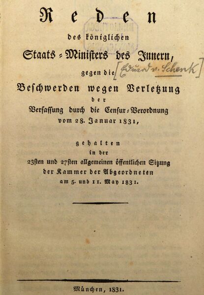 Datei:Titelblatt Schenk Reden gegen die Beschwerden 1831.jpg