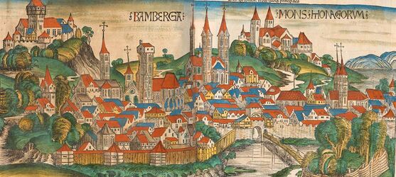 Ansicht von Bamberg aus der Schedelschen Weltchronik. (Bayerische Staatsbibliothek, Rar. 287 [Privates Exemplar des Hartmann Schedel], fol. 174'-175)]]