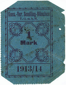 Notgeld über 1 Mark von 1913/14, ausgestellt vom Konsum-Verein Sendling (bavarikon) (HVB Stiftung Geldscheinsammlung - Inventarnummer: DE-BY-089-V733-1)