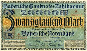 Banknote der Bayerischen Notenbank über 20.000 Mark, 1923. (Bayerisches Wirtschaftsarchiv, F118, 1196)