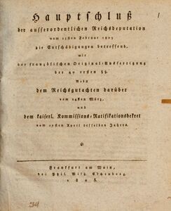 Titelblatt des Reichsdepuationshauptschlusses von 1803. (Bayerische Staatsbibliothek, 4 J.publ.e. 13)