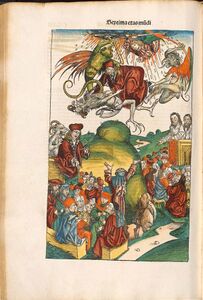 Am Beginn des Abschnitts über das siebte Weltalter steht dieser Holzschnitt mit einer Darstellung der am Ende der Zeit auftretenden falschen Propheten. (Bayerische Staatsbibliothek Rar 287, fol. 262v)