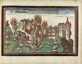Zerstörung der Burg Neuguttenberg durch Truppen des Schwäbischen Bundes. Holzschnitt von Hans Wandereisen (gest. 1548), 1523. (Staatsbibliothek Bamberg, RB.H.bell.f.1, Seite 19 /Foto: Gerald Raab)