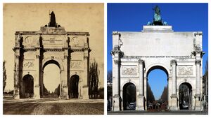 Die Südseite des bis 1850 durch Friedrich von Gärtner errichteten Siegestores. Das linke Foto zeigt das Aussehen vor der Zerstörung. Foto von Georg Böttger (1821-1901), um 1860. (Bayerische Staatsbibliothek, Bildarchiv lore-000054). Das rechte Bild zeigt, wie die Südseite bis 1958 durch den Architekten Josef Wiedemann (1910-2001) vereinfacht wiederaufgebaut und durch die Inschrift "Dem Sieg geweiht – Vom Krieg zerstört – Zum Frieden mahnend" ergänzt wurde. (Foto von Renardo la vulpo, lizenziert durch CC0 1.0 via Wikimedia Commons)