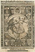 Johann Freiherr von Schwarzenberg (1463-1528) war unter Markgraf Kasimir (reg. 1515–1527) Hofrat und Landhofmeister. Er half mit beim Verfassen der Straßprozessordnung und war ein früher Anhänger Luthers. Holzschnitt von Hans Weiditz (c. 1500-1536). Abb aus: Marcus Tullius Cicero/ Johann Neuber/Johann von Schwarzenberg, Officia, Augsburg 1531, Widmungsbild. (Bayerische Staatsbibliothek, Res/2 A.lat.b. 347)