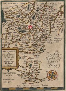 Landkarte der Fürstabtei Fulda mit Vedute der Residenzstadt von Südwesten, Kupferstich von J.G. Püschner in Schannat, Dioecesis Fuldensis, 1727 (Vonderau Museum Fulda II F 90)