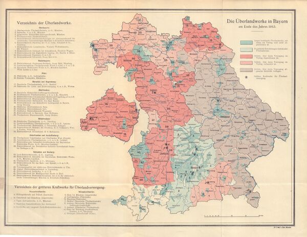 Überlandwerke Bayern, Karte 1913. Abb. aus: K. Staatsministerium des Inneren, Bericht über den Stand der Elektrizitätsversorgung in Bayern am Ende des Jahres 1913, München 1913. (Bayerische Staatsbibliothek, 4 Bavar. 3107 g)