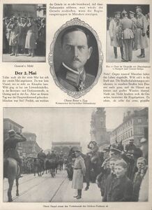 Obwohl dem Freikorps Epp bei der Rückeroberung Münchens nicht die zentrale Rolle zukam, rückt ihn die Seitengestaltung des Ende 1919 erschienenen Fotoberichts des späteren Hitler-Fotografen Heinrich Hoffmann (1885-1957) in den Mittelpunkt. (Ein Jahr bayrische Revolution im Bilde, München 1919, 31)