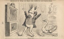 Karikatur Ludwigs II. und seines Hofes in der Satirezeitschrift Kikeriki 1886. Bayerisches Hauptstaatsarchiv, MA 99838)