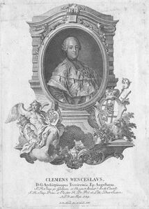 Clemens Wenzeslaus von Sachsen (1739-1812) war seit 1768 Erzbischof und Kurfürst von Trier sowie Fürstbischof von Augsburg. Seit 1787 war er auch Fürstprobst von Ellwangen. Durch den RDH wurden seine Herrschaften säkularisiert. Er verzichtete auf die Ausübung seines geistlichen Amtes und starb 1812 in seiner Sommerresidenz Marktoberdorf. Kupferstich von Johannes Esaias Nilson (1721-1788). (Bayerische Staatsbibliothek, Bildarchiv port-017017)