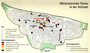 Mittelalterliche Türme in der Altstadt von Regensburg. (Abb. aus: Anton Sedlmeier/Joachim Vossen [Hg.], Stadtatlas Regensburg, Regensburg 2006, 77)