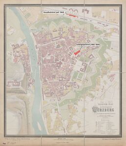 Lage des Ludwigsbahnhofs (1852-1864) und des neuen Hauptbahnhofs in Würzburg (seit 1864). (Bayerische Staatsbibliothek, Mapp. XI,536 c; Bearb. durch die Red.)