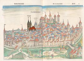 Stadtansicht von Nürnberg aus der Schedelschen Weltchronik. St. Lorenz ist hervorgehoben. Abb. aus: Hartmann Schedel, Liber Chronicarum, Nürnberg 1493, fol. 220v. (Bayerische Staatsbibliothek, 2 Inc.c.a. 2919) (bavarikon)