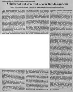 Artikel "Solidarität mit den den fünf neuen Bundesländern" in der Bayerischen Staatszeitung vom 4.1.1991. (Bayerische Staatszeitung)