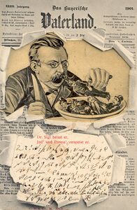 Karikatur über Johann Baptist Sigl: 'Dr. Sigl heisst er, Jud' und Preuss' verspeist er', Postkarte/Lithografie, Regensburg um 1902. (Haus der Bayerischen Geschichte)
